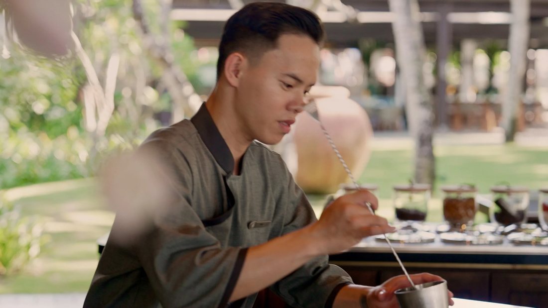 A guest dining in the garden