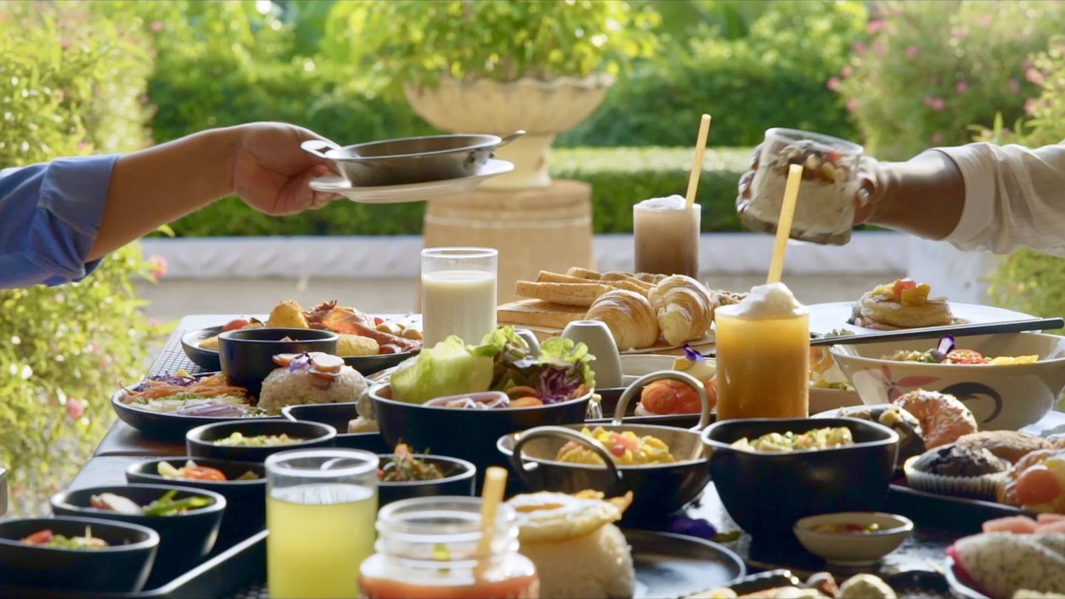 A shared breakfast spread, close on texture and colour