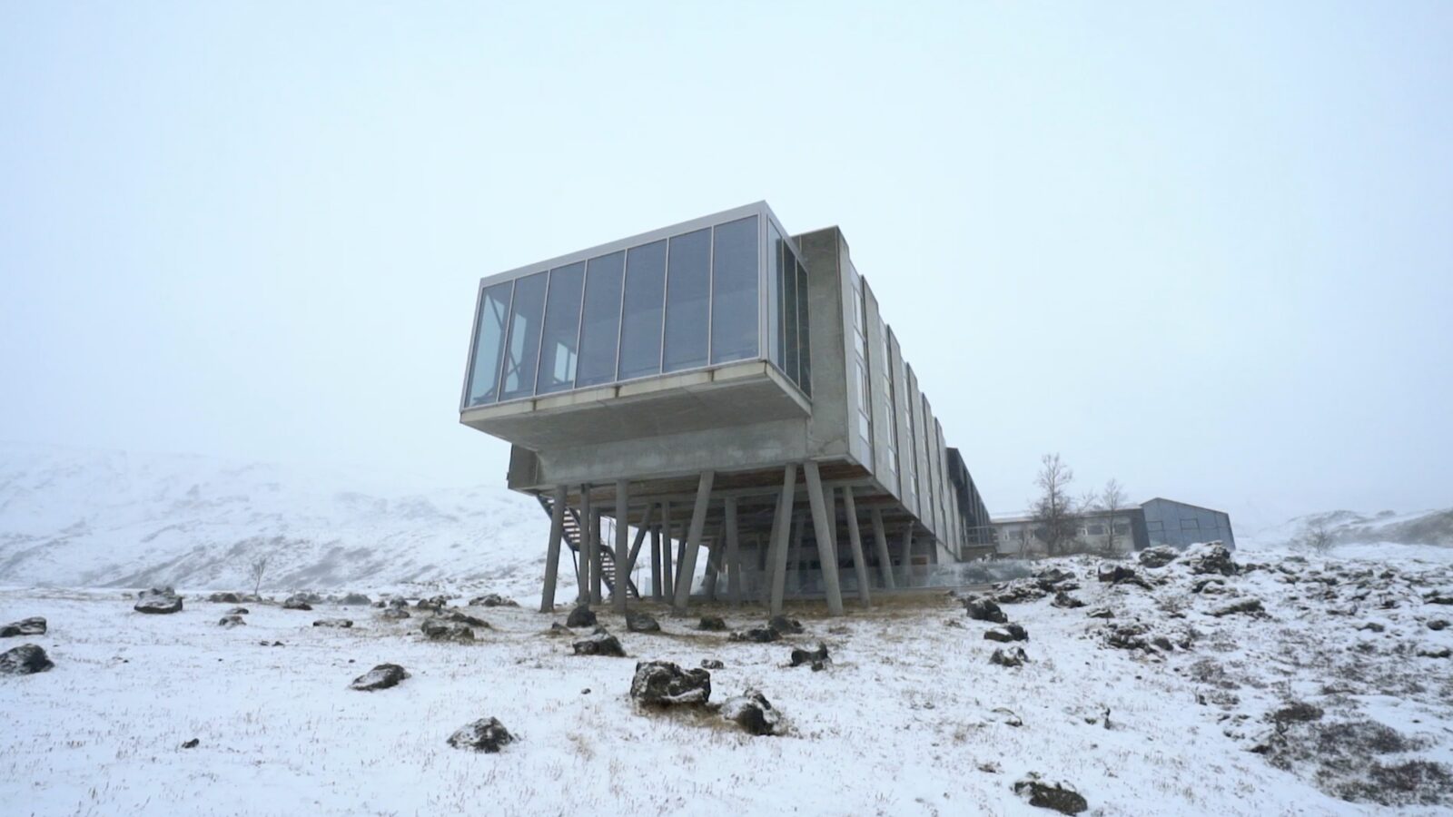 ION Adventure Hotel cantilevered over the lava field in snow