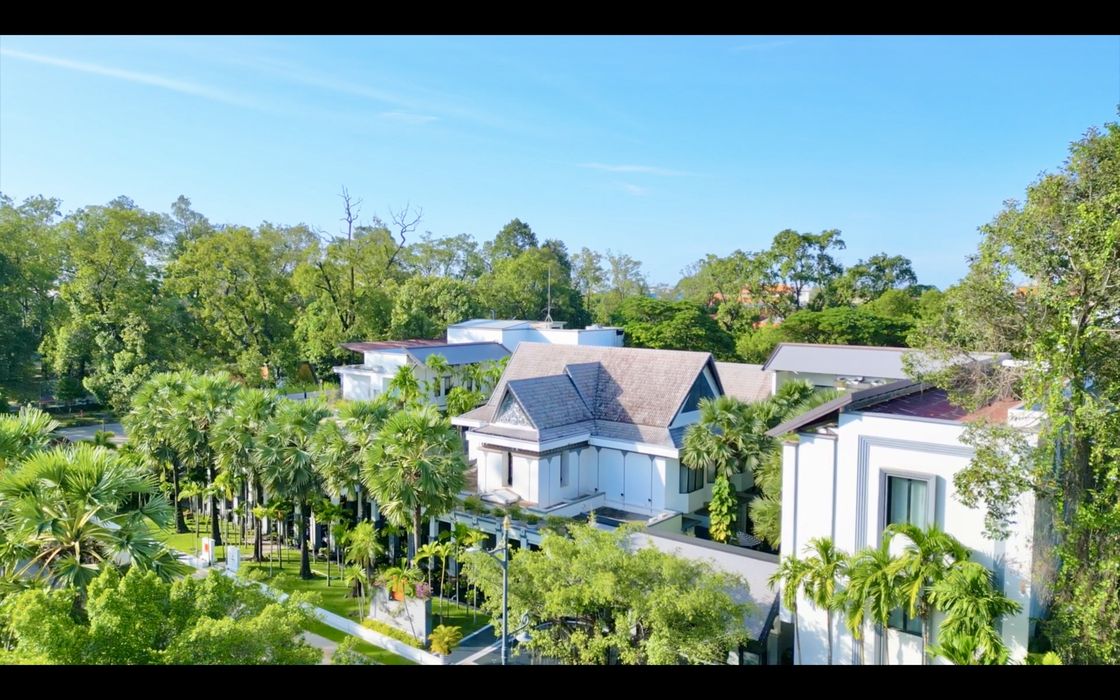 Aerial of the resort among the trees of Siem Reap
